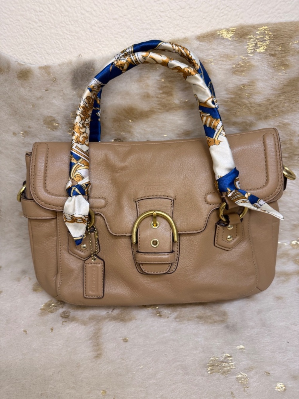 Coach Y2K Leather Satchel Tan w Purse Scarfs Detachable Strap Crossbody Hand Bag